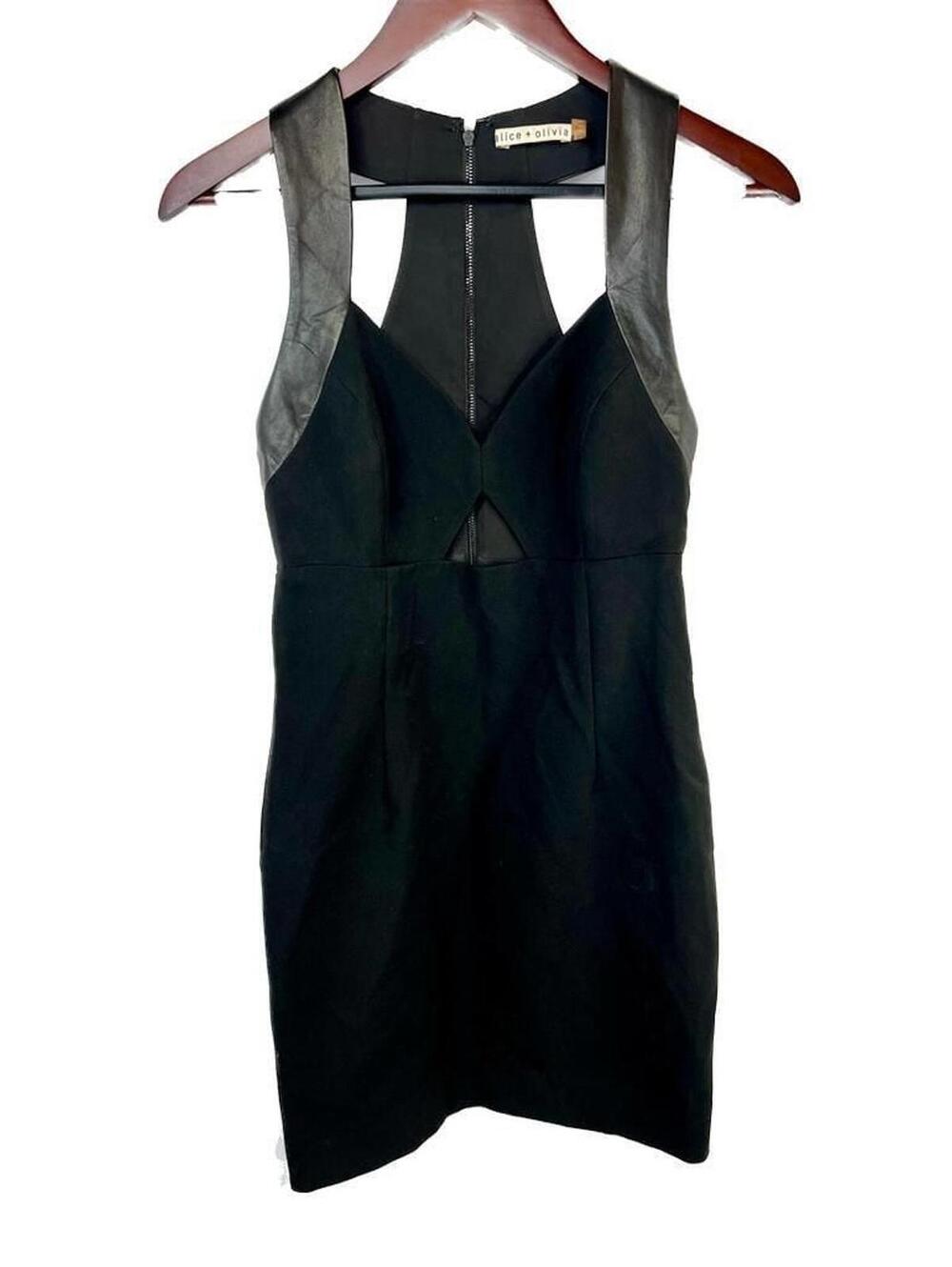 Alice + Olivia Hera Size 6 Black Leather Trim Racerback Cutout Mini Dress